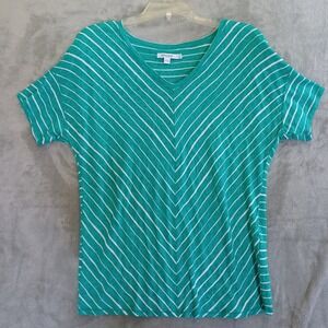 Chicos Top Sz 1 / M Striped V Neck Linen Blend‎ Green White Casual Preppy Travel